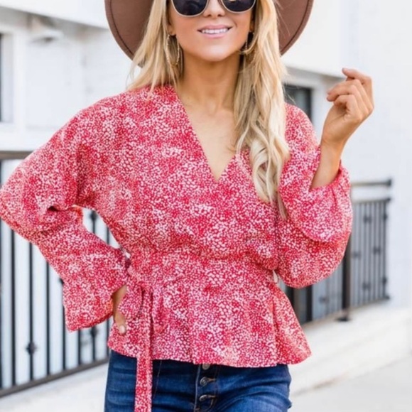 Pink Lily top So Indecisive Floral Red Blouse boho tie waist S Small faux wrap - Picture 1 of 7